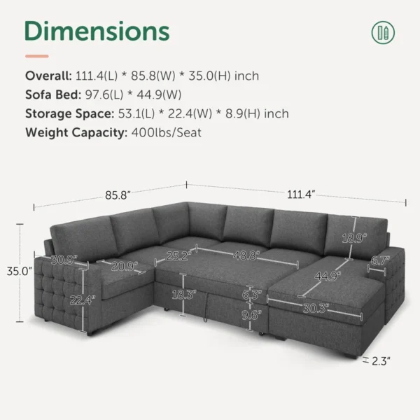 U-Shaped Sectional Sofa Bed Pull Out Sleeper Couch With Storage Chaise 4